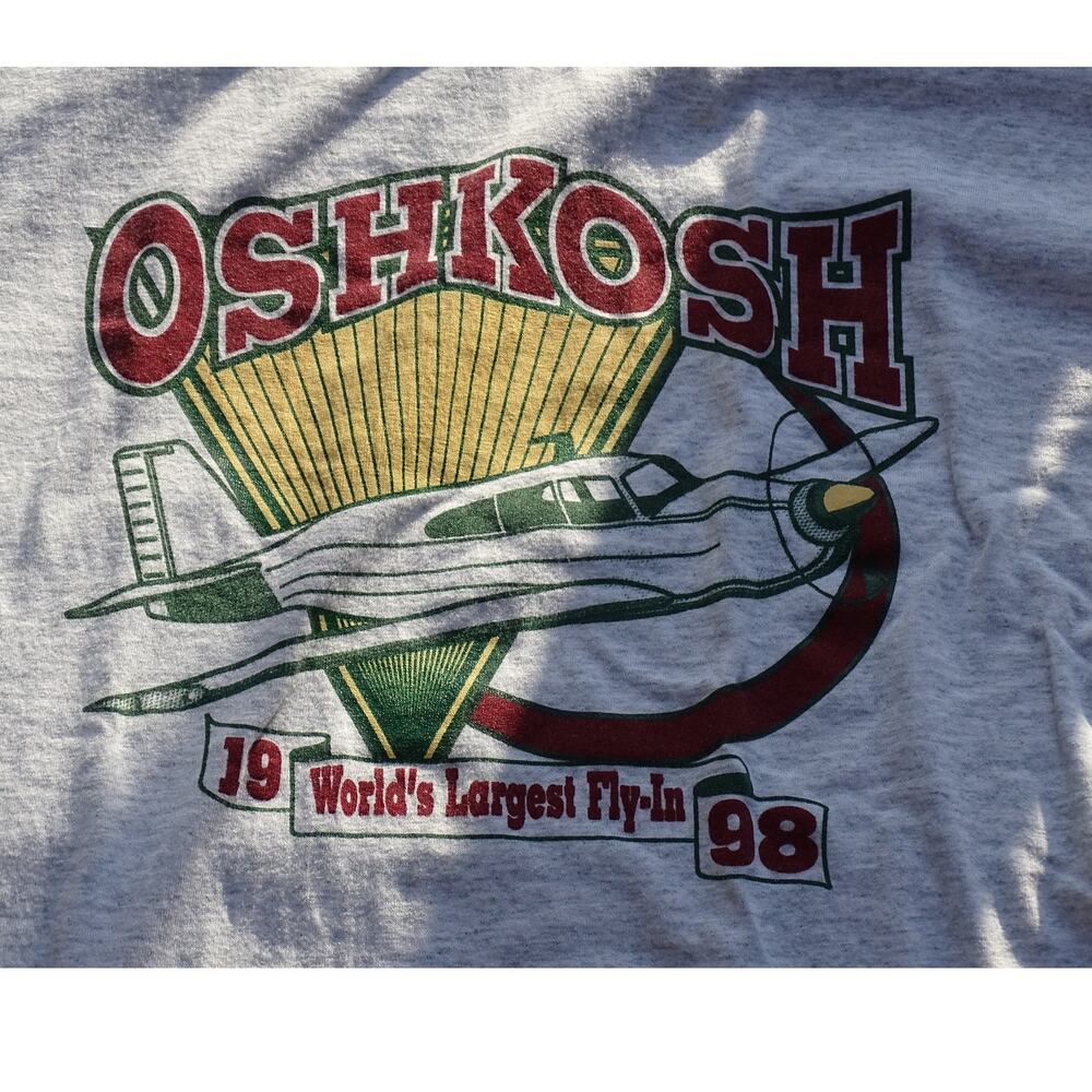 Vintage 90s Oshkosh 1998 Worlds Largest Fly In T Shirt Airplane Mens L 22x28